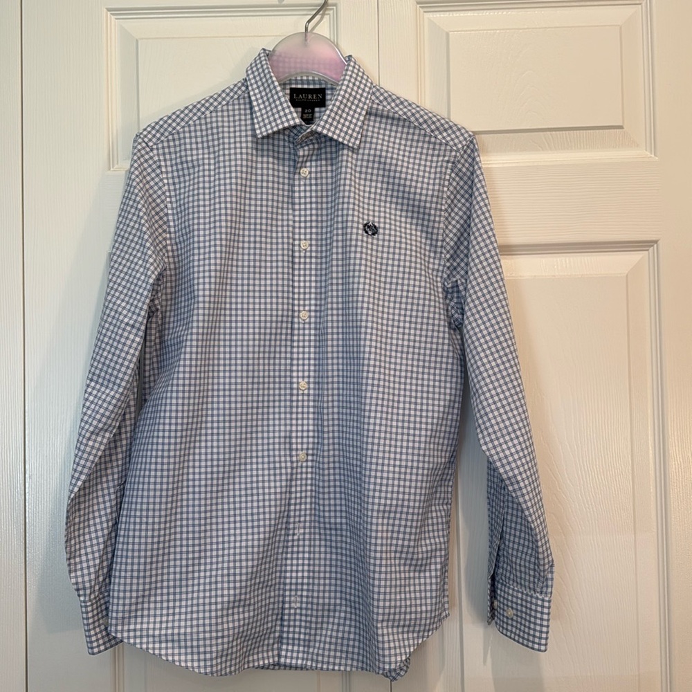 Boys button down shirt, button cuffs, Ralph Lauren logo, Blue/White check print.